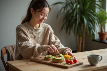Jeune femme souriante avec plat de toast avocat et fruits