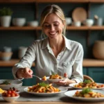 Femme souriante servant un dîner rustique dans une cuisine chaleureuse