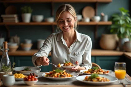 Femme souriante servant un dîner rustique dans une cuisine chaleureuse