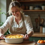 Femme souriante servant un gratin de zucchini dans une cuisine chaleureuse