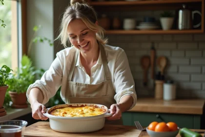 Femme souriante servant un gratin de zucchini dans une cuisine chaleureuse