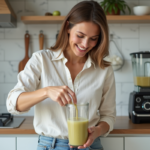 Femme souriante versant un smoothie dans une cuisine moderne
