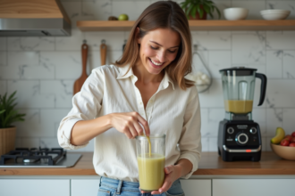 Femme souriante versant un smoothie dans une cuisine moderne