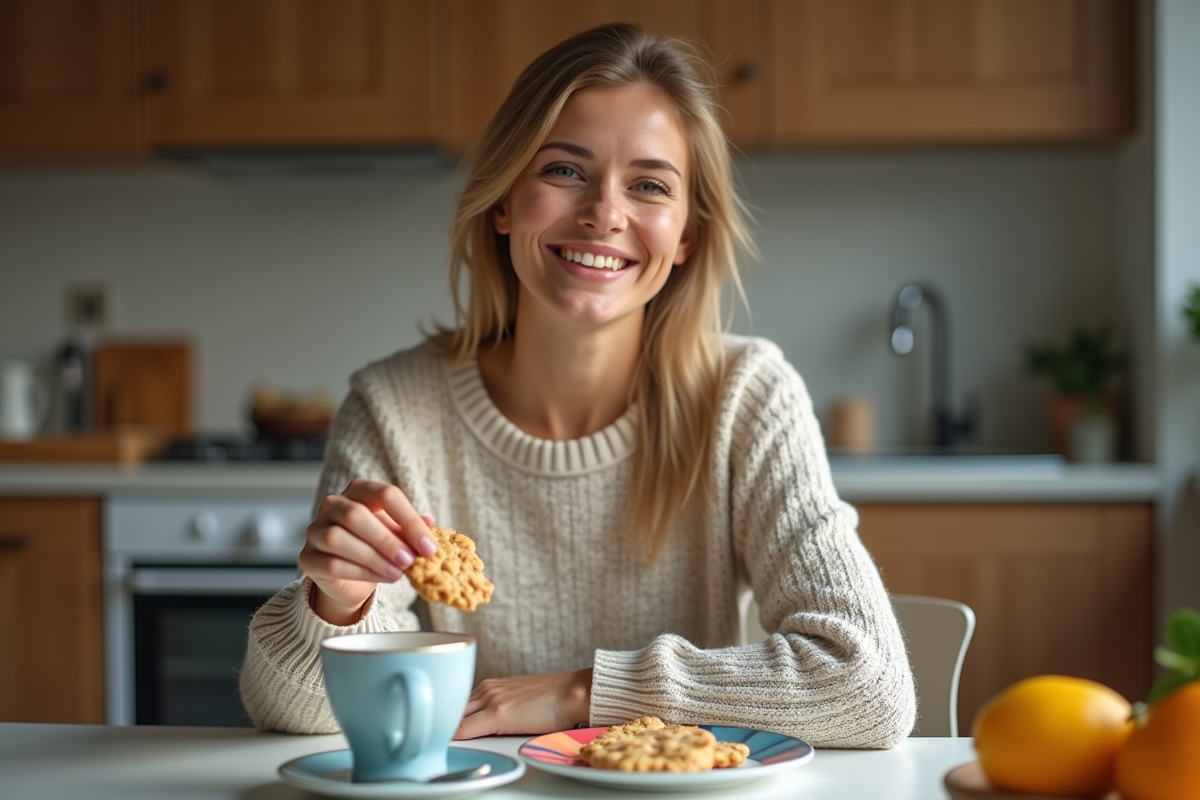 Femme souriante dans la cuisine avec biscuits et thé