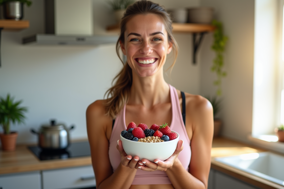 Femme souriante dans la cuisine avec bol de yaourt et fruits
