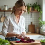 Femme tranchant des betteraves dans une cuisine lumineuse