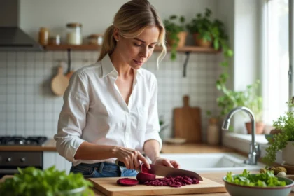 Femme tranchant des betteraves dans une cuisine lumineuse