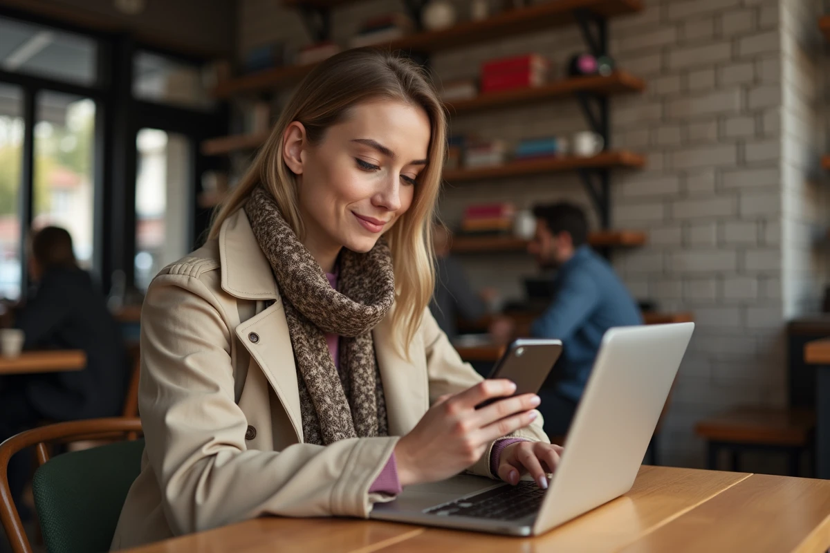 Jeune femme travaillant sur son ordinateur dans un café moderne