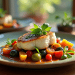 Filet de cod présenté sur une assiette rustique avec légumes