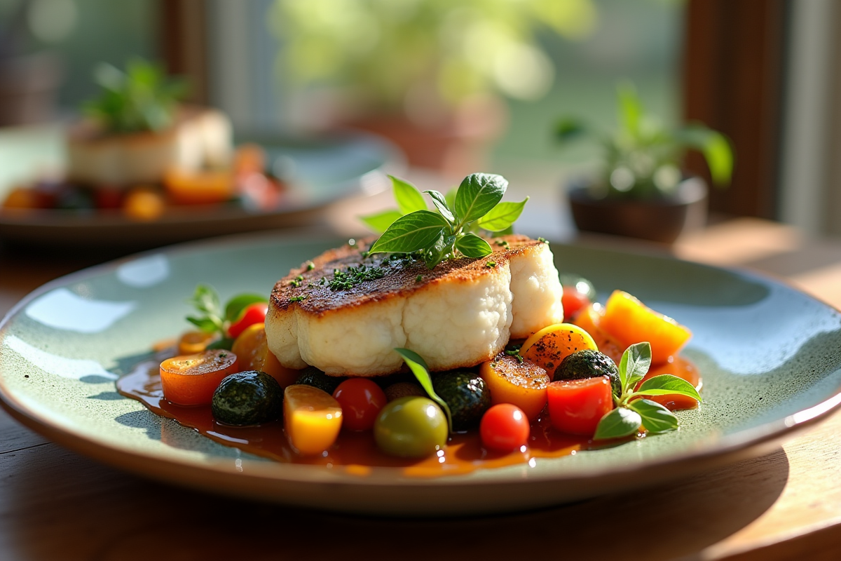 Filet de cod présenté sur une assiette rustique avec légumes