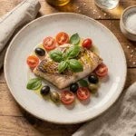 Filet de julienne façon méditerranéenne servi sur assiette blanche avec tomates cerises, olives et basilic frais