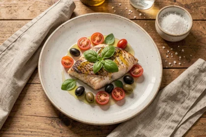 Filet de julienne façon méditerranéenne servi sur assiette blanche avec tomates cerises, olives et basilic frais