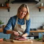 Femme préparant un filet mignon dans une cuisine chaleureuse