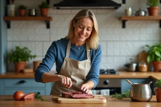 Femme préparant un filet mignon dans une cuisine chaleureuse