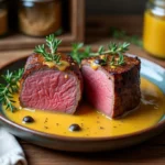 Filet mignon tranché nappé de sauce moutarde à l'ancienne sur une assiette en céramique rustique, recette Cookeo