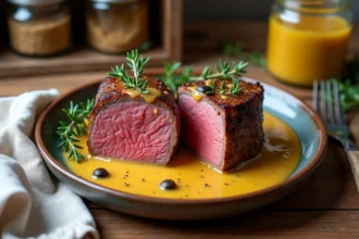 Filet mignon tranché nappé de sauce moutarde à l'ancienne sur une assiette en céramique rustique, recette Cookeo