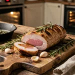 Filet mignon de porc rôti au four tranché sur une planche en bois avec marinade au miel et aux herbes