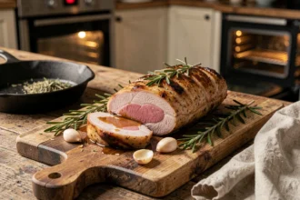 Filet mignon de porc rôti au four tranché sur une planche en bois avec marinade au miel et aux herbes