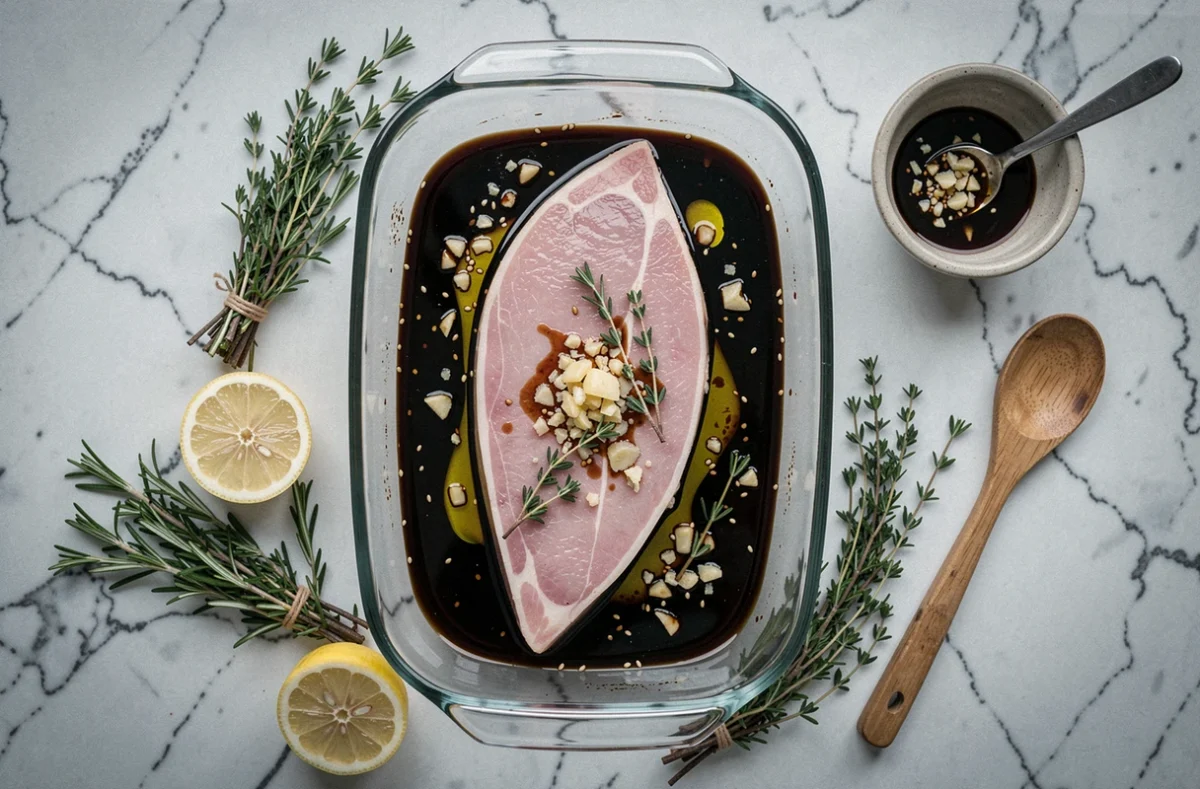 Filet mignon de porc cru marinant dans un plat en verre avec sauce soja, ail et herbes fraîches préparée la veille
