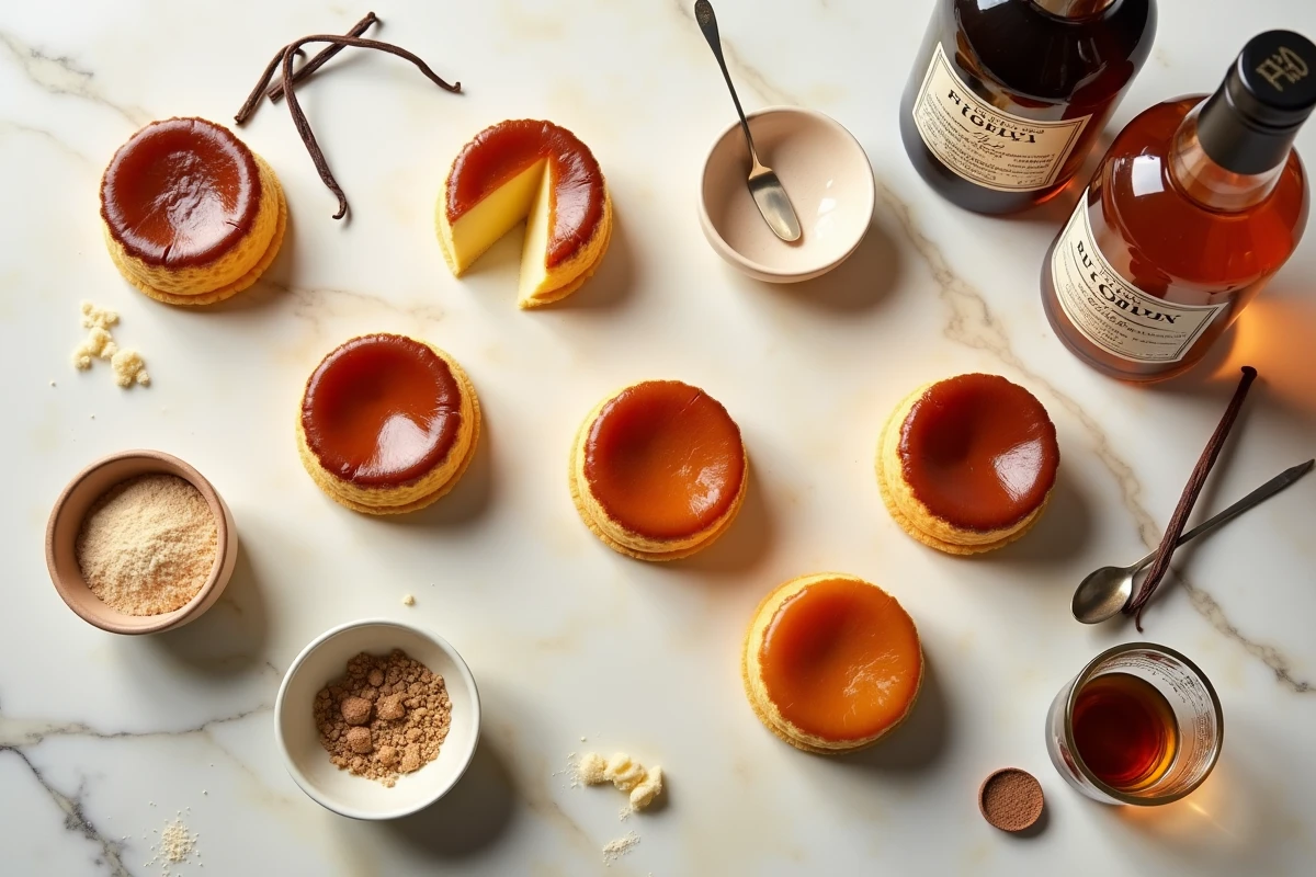 Flat lay de canelés bordelais coupés avec deux bouteilles de rhum, sucre de canne et gousse de vanille sur marbre blanc