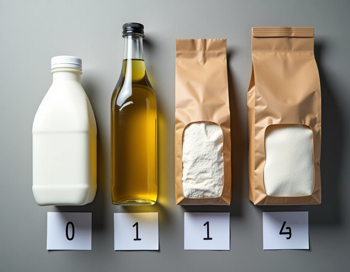 Vue de dessus de produits du quotidien incluant lait huile farine et sucre d'un litre ou un kilo disposés sur béton gris avec étiquettes de poids pour illustrer la notion de densité