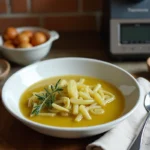 Fondue de poireaux crémeuse servie dans un bol en céramique blanche sur une table en bois rustique avec une cuillère en bois et du thym frais