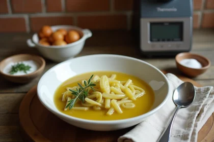 Fondue de poireaux crémeuse servie dans un bol en céramique blanche sur une table en bois rustique avec une cuillère en bois et du thym frais