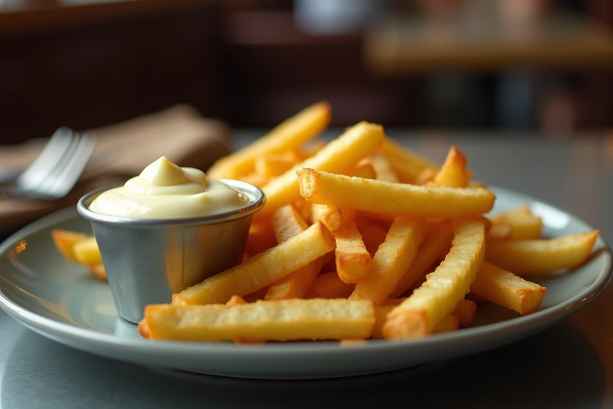 Frites croustillantes avec mayonnaise maison dans une tasse bistro en métal sur table en zinc parisienne