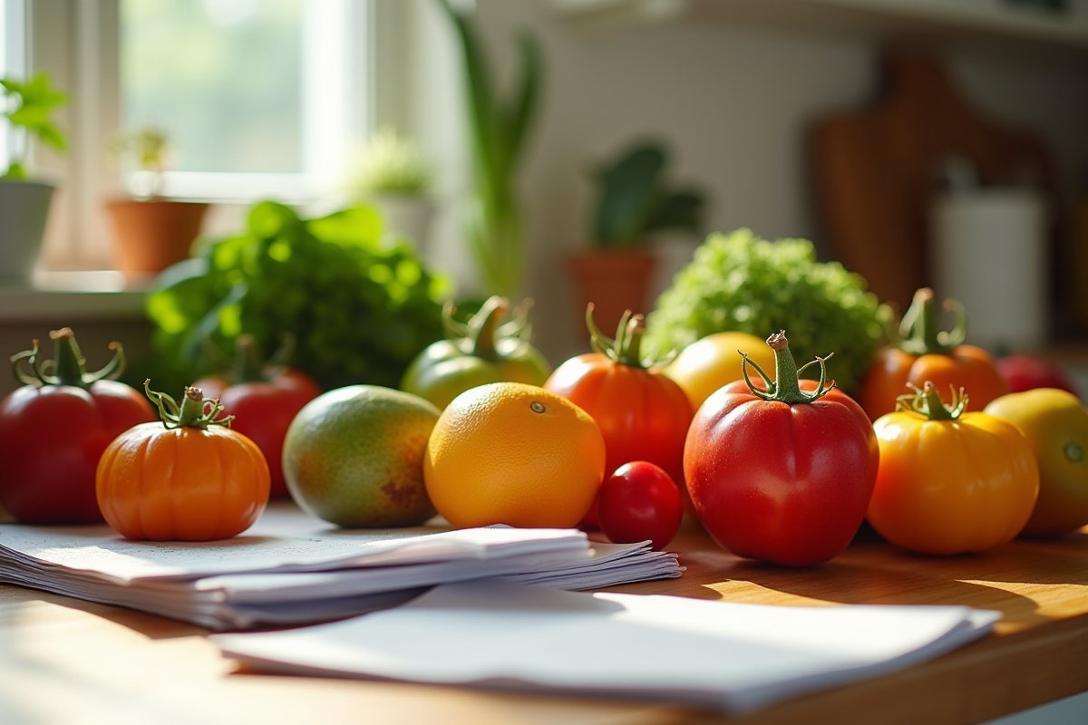 Fruits et legumes bio avec factures sur un plan de travail