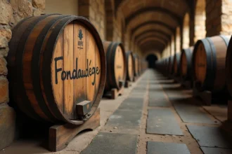 Fût de chêne vieilli dans une cave en pierre française avec une étiquette Fondaudège whisky pur malt