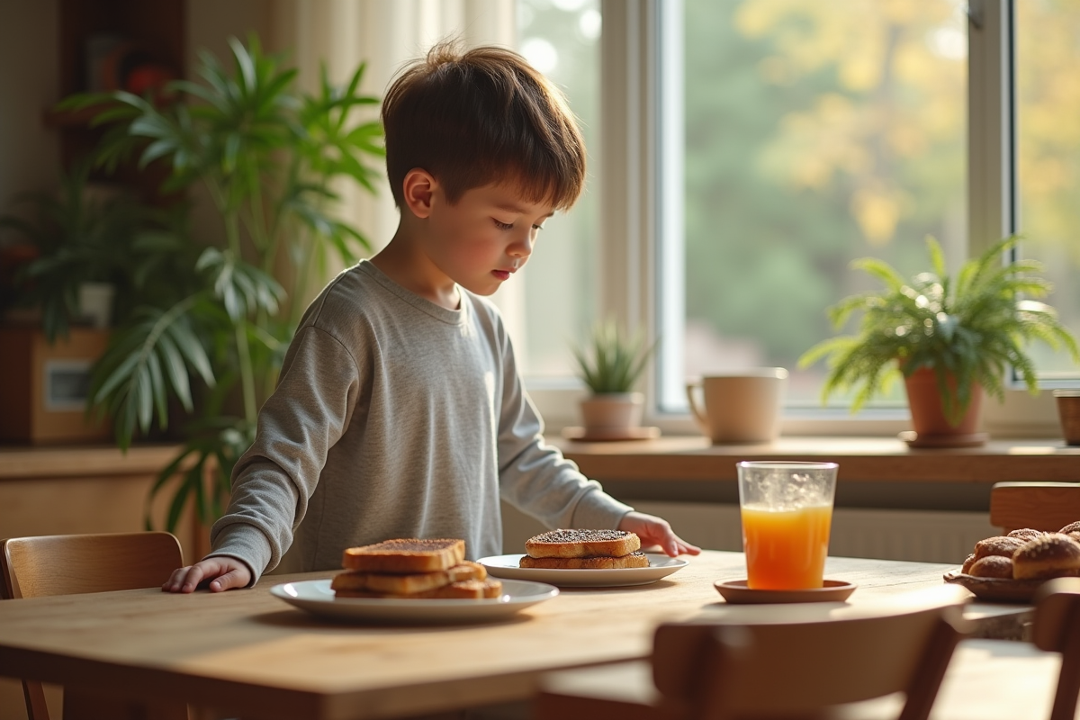Adolescent poussant une assiette de tartines chocolatées