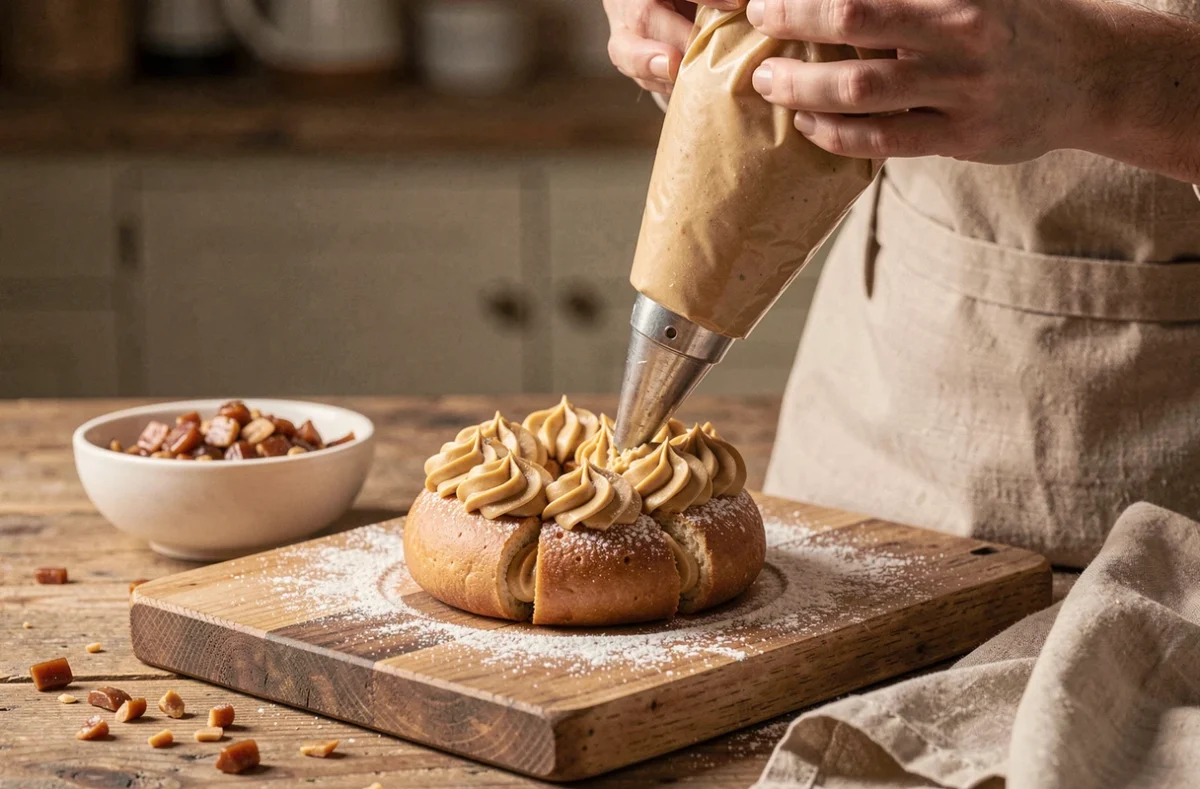 Mains garnissant un Paris-Brest de crème mousseline praliné en rosettes avec une poche à douille étoilée