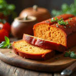 Tranche de gâteau chorizo sans gluten sur planche en bois