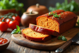Tranche de gâteau chorizo sans gluten sur planche en bois
