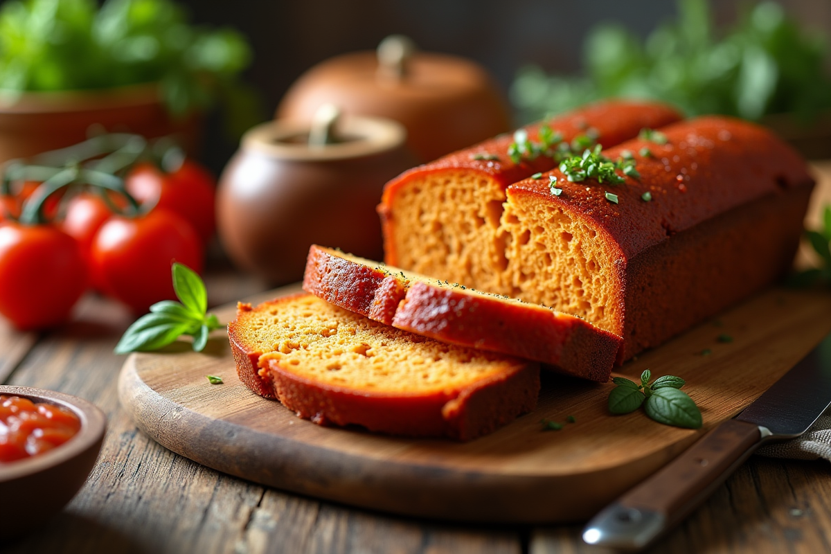 Tranche de gâteau chorizo sans gluten sur planche en bois