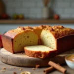Gâteau moelleux à la compote de pomme sans sucre ajouté, coupé en tranches sur une planche en bois rustique avec cannelle et compote maison