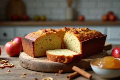 Gâteau moelleux à la compote de pomme sans sucre ajouté, coupé en tranches sur une planche en bois rustique avec cannelle et compote maison