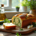 Pain de courgette et feta frais sur une table en bois