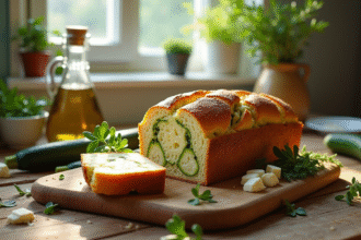 Pain de courgette et feta frais sur une table en bois