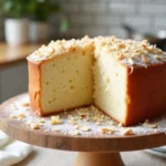 Gâteau moelleux à la noix de coco sans gluten posé sur un présentoir en bois rustique, garni de noix de coco râpée et de flocons grillés