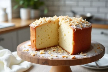 Gâteau moelleux à la noix de coco sans gluten posé sur un présentoir en bois rustique, garni de noix de coco râpée et de flocons grillés