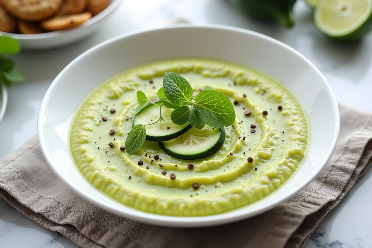 Gaspacho de courgette en bol blanc avec garnitures fraîches
