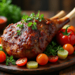 Gigot d'agneau rôti avec garnitures colorées vue de dessus