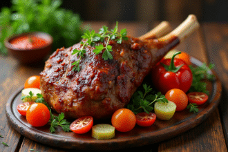 Gigot d'agneau rôti avec garnitures colorées vue de dessus
