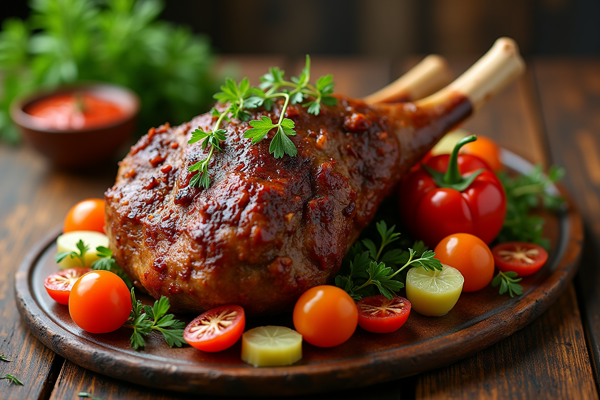 Gigot d'agneau rôti avec garnitures colorées vue de dessus