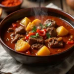 Bol de goulash hongrois traditionnel servi avec des pommes de terre dorées sur une table en bois rustique