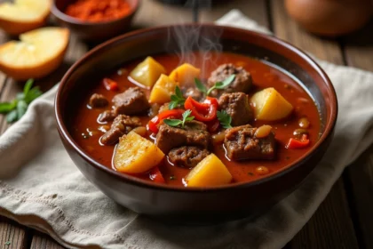 Bol de goulash hongrois traditionnel servi avec des pommes de terre dorées sur une table en bois rustique
