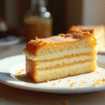 Gâteau gourmand aux gavottes tranché élégamment sur une assiette blanche