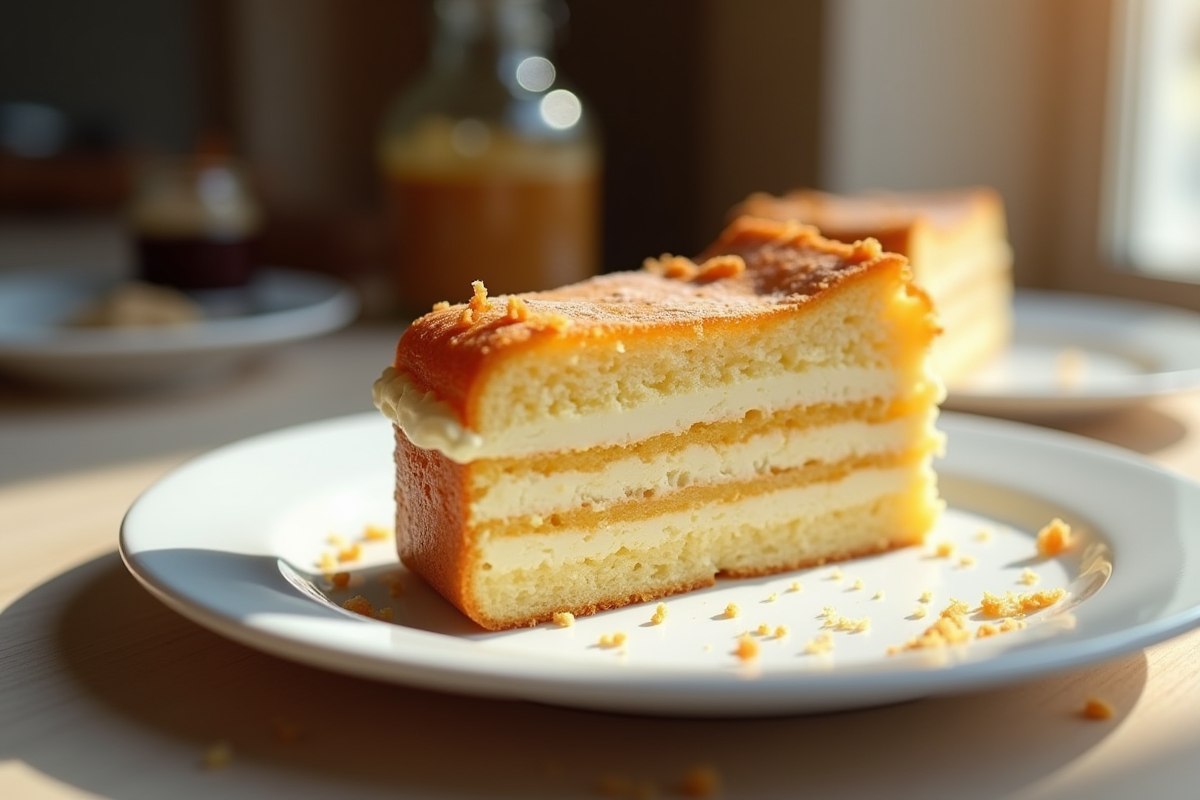 Gâteau gourmand aux gavottes tranché élégamment sur une assiette blanche