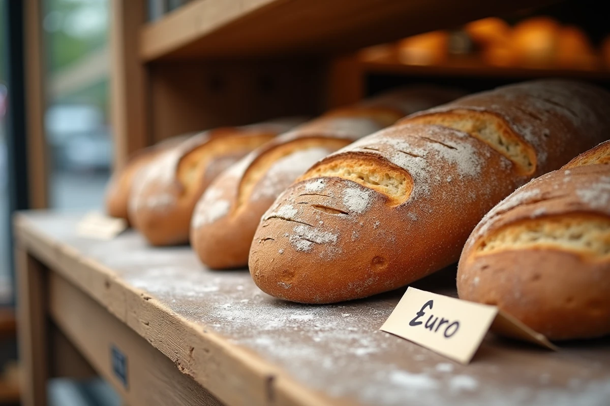 Gros plan sur des baguettes françaises avec étiquette de prix manuscrite sur comptoir en bois de boulangerie